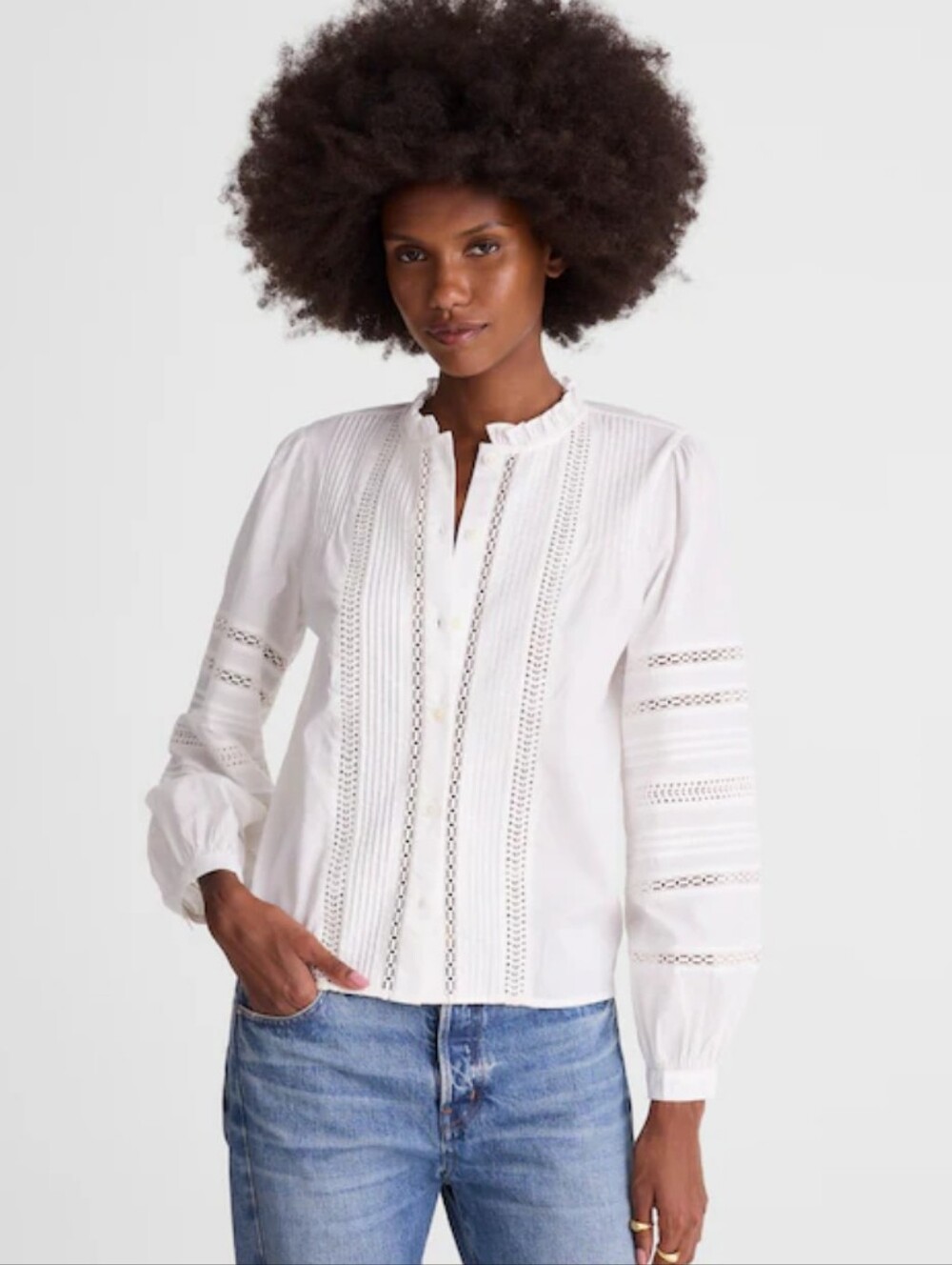 Madewell Lace-Insert High-Neck Pintuck Top NZ418 Size XL 100% Cotton